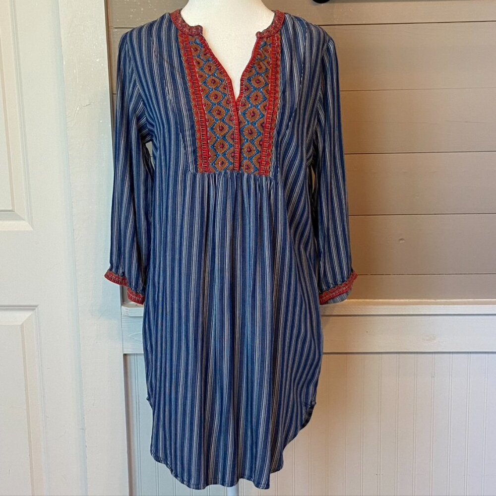 Boho Festival Southwest Style Denim Embroidered Mini Shirt Dress, Sz S